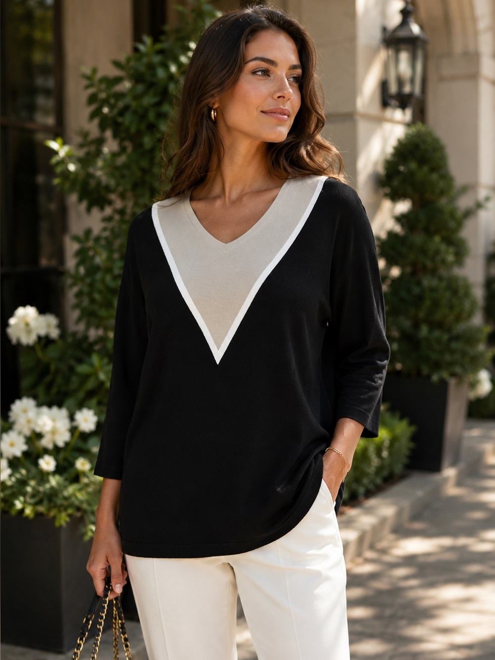 MARINA RINALDI MARINA SPORT Quiet Luxury Black Color Block V-Neck Sweater, L